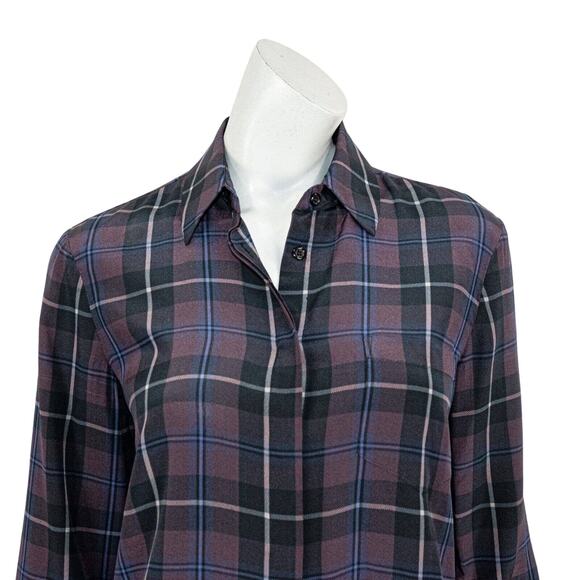 Jenni Kayne Silk Button up Blouse Maroon Blue Plaid Size XS - Picture 8 of 9